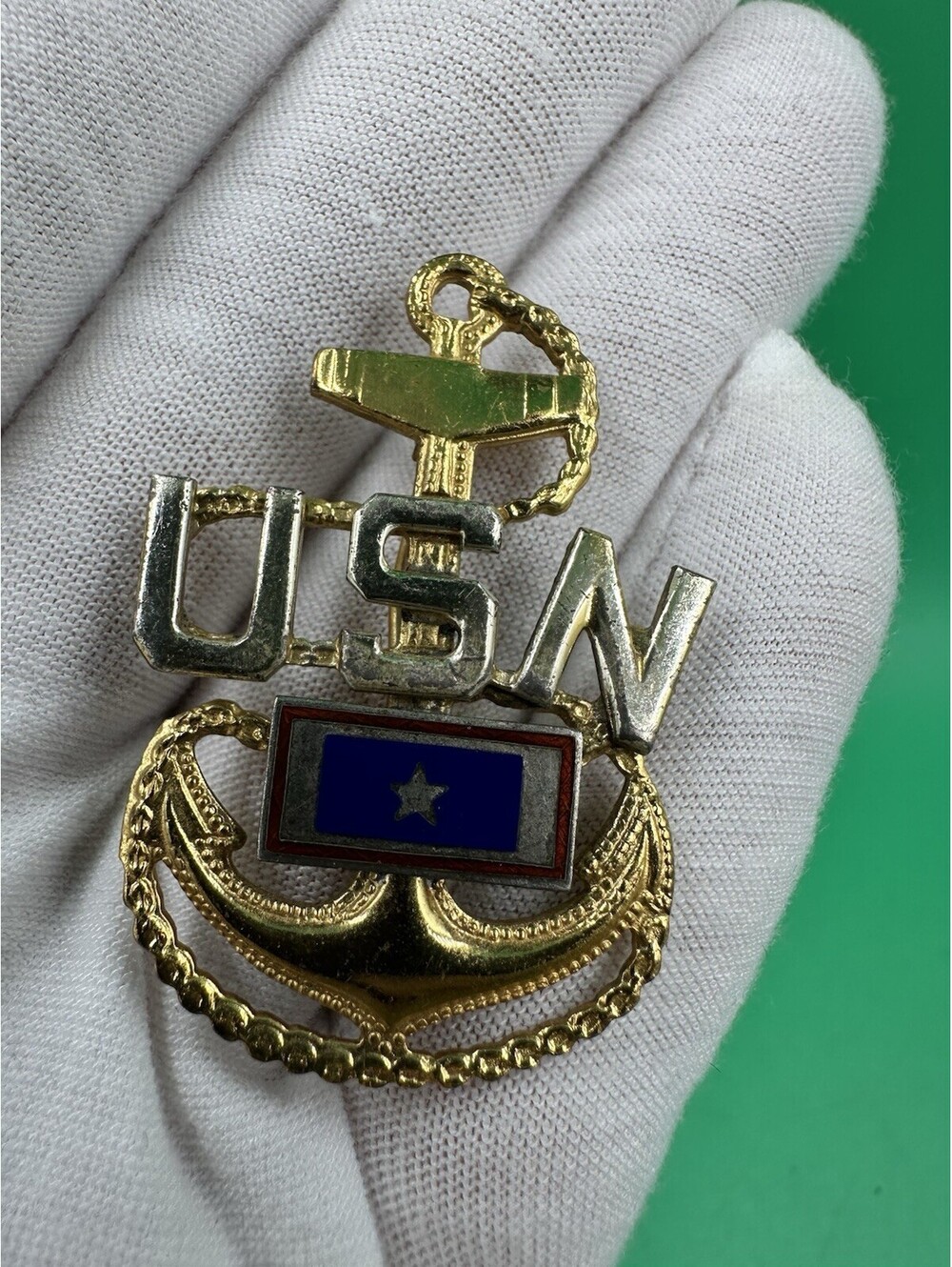 WW2 NAVY US Pin Son/Daughter Overseas Anchor Blue Star Enamel Sterling Silver
